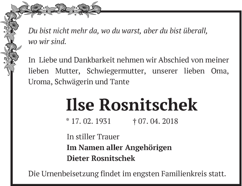  Traueranzeige für Ilse Rosnitschek vom 15.04.2018 aus Märkische Oderzeitung