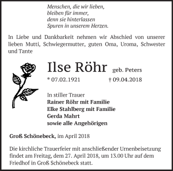 Traueranzeige von Ilse Röhr von Märkische Oderzeitung