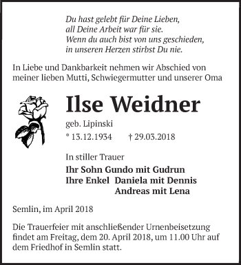 Traueranzeige von Ilse Weidner von Märkische Oderzeitung