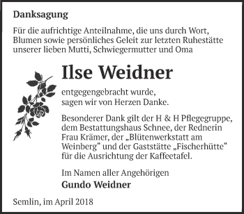 Traueranzeige von Ilse Weidner von Märkische Oderzeitung