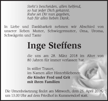 Traueranzeige von Inge Steffens von Märkische Oderzeitung