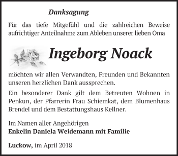 Traueranzeige von Ingeborg Noack von Märkische Oderzeitung