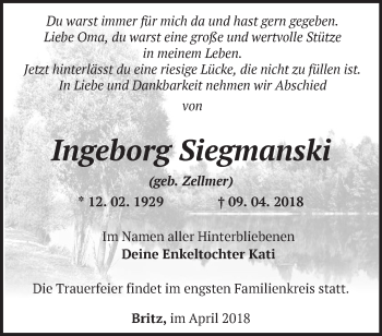 Traueranzeige von Ingeborg Siegmanski von Märkische Oderzeitung