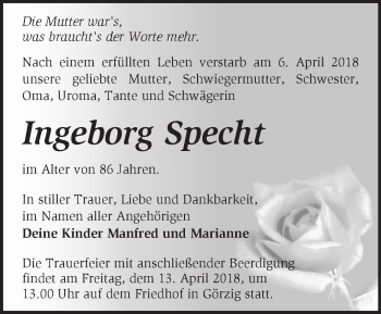 Traueranzeige von Ingeborg Specht von Märkische Oderzeitung