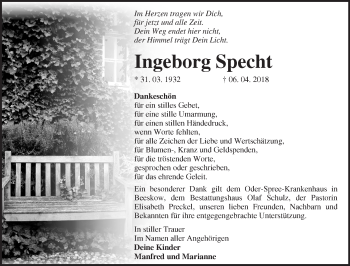 Traueranzeige von Ingeborg Specht von Märkische Oderzeitung