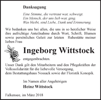 Traueranzeige von Ingeborg Wittstock von Märkische Oderzeitung