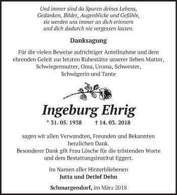 Traueranzeige von Ingeburg Ehrig von Märkische Oderzeitung