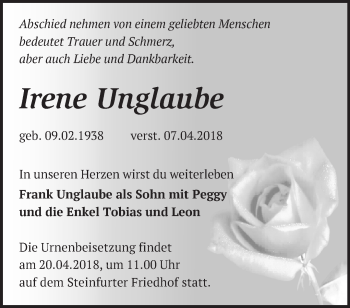 Traueranzeige von Irene Unglaube von Märkische Oderzeitung