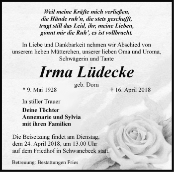 Traueranzeige von Irma Lüdecke von Märkische Oderzeitung