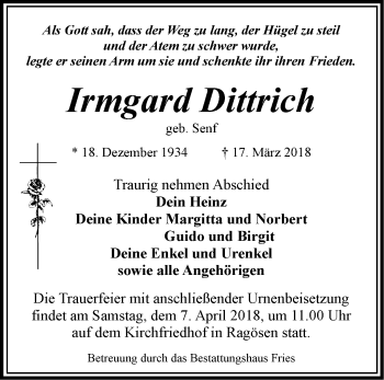 Traueranzeige von Irmgard Dittrich von Märkische Oderzeitung