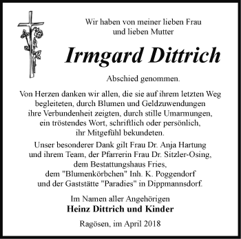 Traueranzeige von Irmgard Dittrich von Märkische Oderzeitung