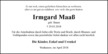 Traueranzeige von Irmgard Maaß von Märkische Oderzeitung