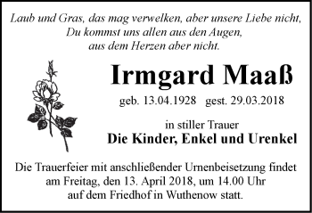 Traueranzeige von Irmgard Maaß von Märkische Oderzeitung