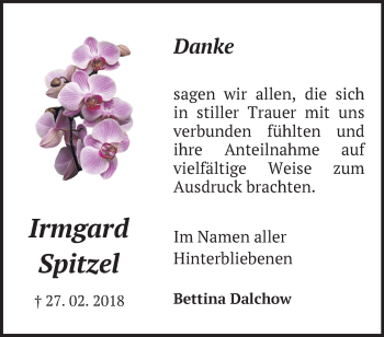 Traueranzeige von Irmgard Spitzel von Märkische Oderzeitung