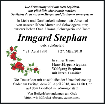 Traueranzeige von Irmgard Stephan von Märkische Oderzeitung