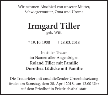 Traueranzeige von Irmgard Tiller von Märkische Oderzeitung