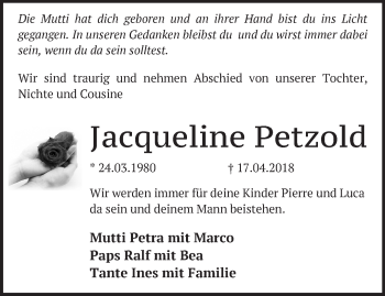 Traueranzeige von Jacqueline Petzold von Märkische Oderzeitung