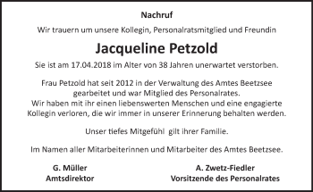 Traueranzeige von Jacqueline Petzold von Märkische Oderzeitung