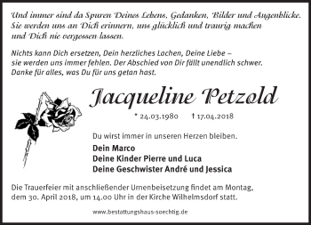 Traueranzeige von Jacqueline Petzold von Märkische Oderzeitung