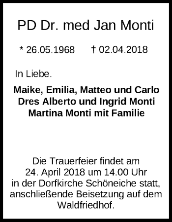 Traueranzeige von Jan Monti von Märkische Oderzeitung