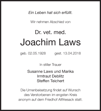 Traueranzeige von Joachim Laws von Märkische Oderzeitung