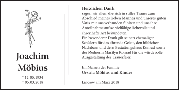 Traueranzeige von Joachim Möbius von Märkische Oderzeitung