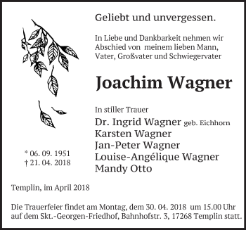 Traueranzeige von Joachim Wagner von Märkische Oderzeitung