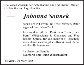 Traueranzeige von Johanna Sonnek von Märkische Oderzeitung