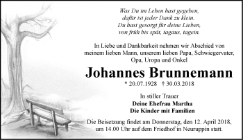 Traueranzeige von Johannes Brunnemann von Märkische Oderzeitung