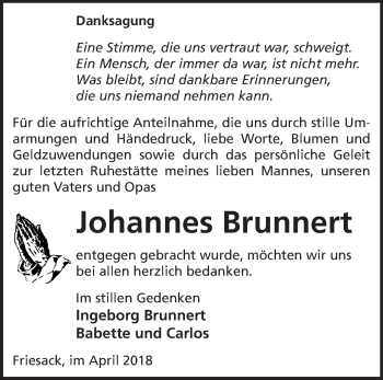 Traueranzeige von Johannes Brunnert von Märkische Oderzeitung