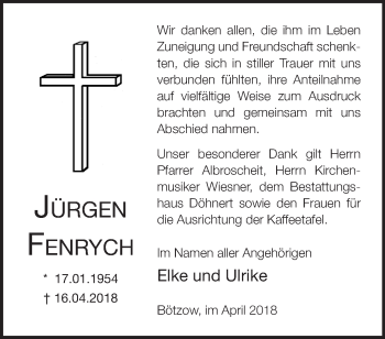 Traueranzeige von Jürgen Fenrych von Märkische Oderzeitung