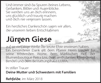 Traueranzeige von Jürgen Giese von Märkische Oderzeitung
