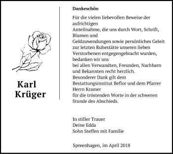 Traueranzeige von Karl Krüger von Märkische Oderzeitung