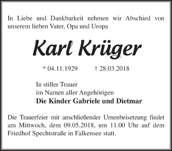 Traueranzeige von Karl Krüger von Märkische Oderzeitung