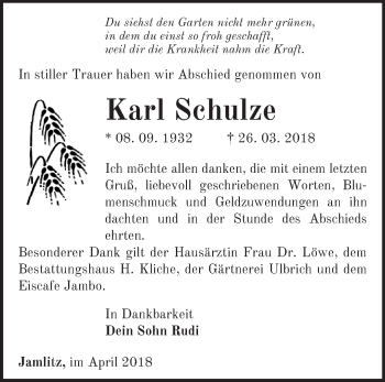 Traueranzeige von Karl Schulze von Märkische Oderzeitung