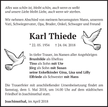 Traueranzeige von Karl Thiede von Märkische Oderzeitung