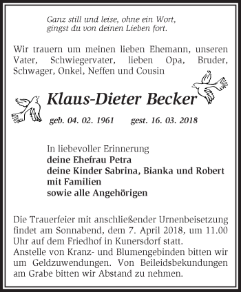 Traueranzeige von Klaus-Dieter Becker von Märkische Oderzeitung