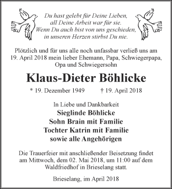 Traueranzeige von Klaus-Dieter Böhlicke von Märkische Oderzeitung