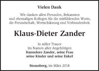 Traueranzeige von Klaus-Dieter Zander von Märkische Oderzeitung
