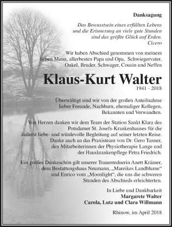 Traueranzeige von Klaus-Kurt Walter von Märkische Oderzeitung