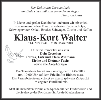 Traueranzeige von Klaus-Kurt Walter von Märkische Oderzeitung