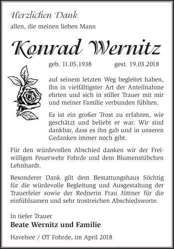 Traueranzeige von Konrad Wernitz von Märkische Oderzeitung