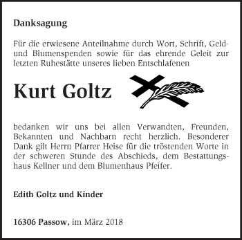 Traueranzeige von Kurt Goltz von Märkische Oderzeitung