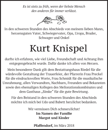 Traueranzeige von Kurt Knispel von Märkische Oderzeitung