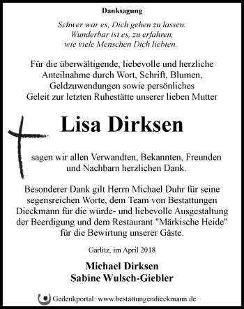 Traueranzeige von Lisa Dirksen von Märkische Oderzeitung