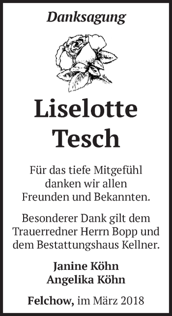 Traueranzeige von Liselotte Tesch von Märkische Oderzeitung