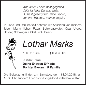 Traueranzeige von Lothar Marks von Märkische Oderzeitung