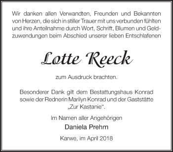 Traueranzeige von Lotte Reeck von Märkische Oderzeitung