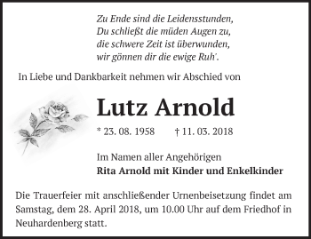 Traueranzeige von Lutz Arnold von Märkische Oderzeitung