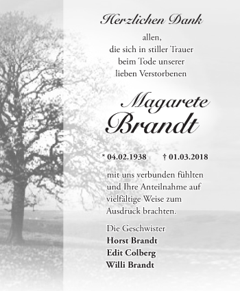 Traueranzeige von Magarete Brandt von Märkische Oderzeitung